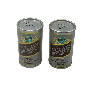 Vintage Schlitz Salt & Pepper Shaker Set Beer Can Design Collectible Metal Tin